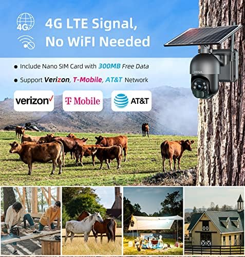 מצלמת אבטחה סלולרית של Xega 4G LTE [2 חבילה] מצלמה סולארית חיצונית אלחוטית, 2K HD צבע ראיית לילה PTZ 360 ° תצוגה,